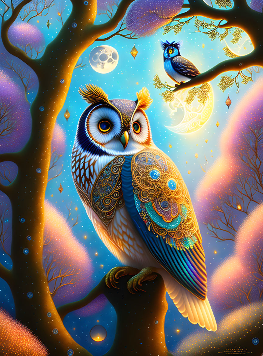 Colorful Owl Illustration Perched on Branch with Moon and Stars