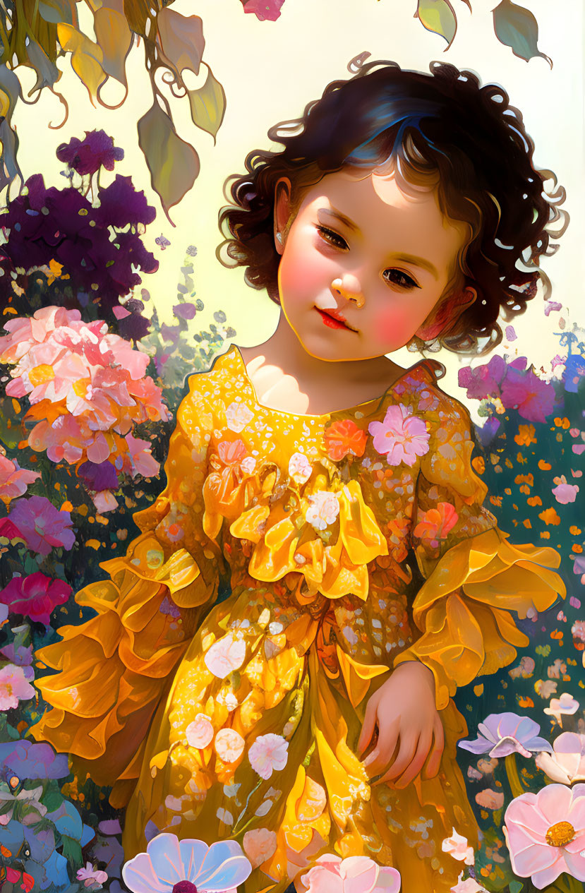 Young girl in yellow floral dress surrounded by colorful blooms in sunlit ambiance