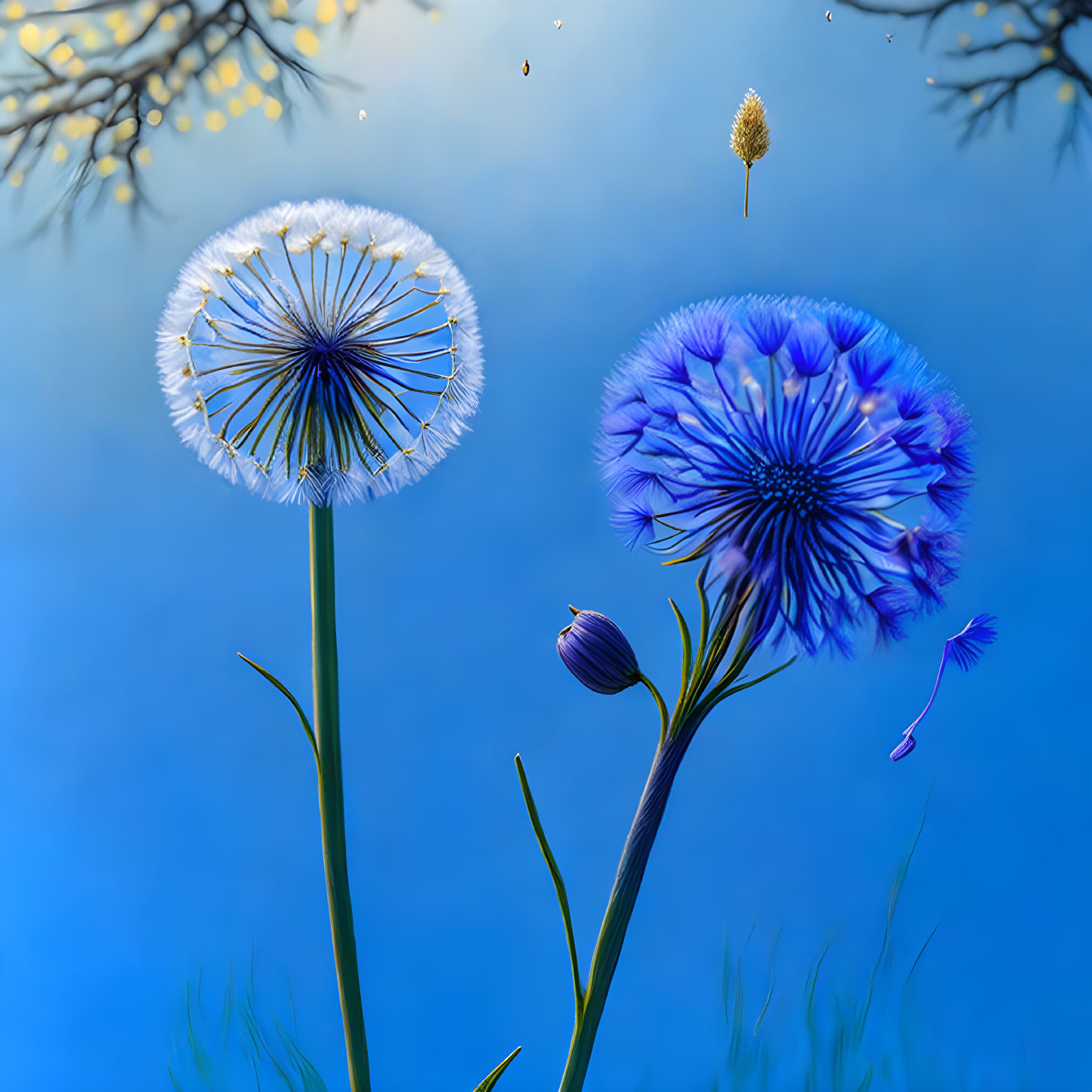 White and blue dandelion-like flowers under blue sky with dispersing seeds.