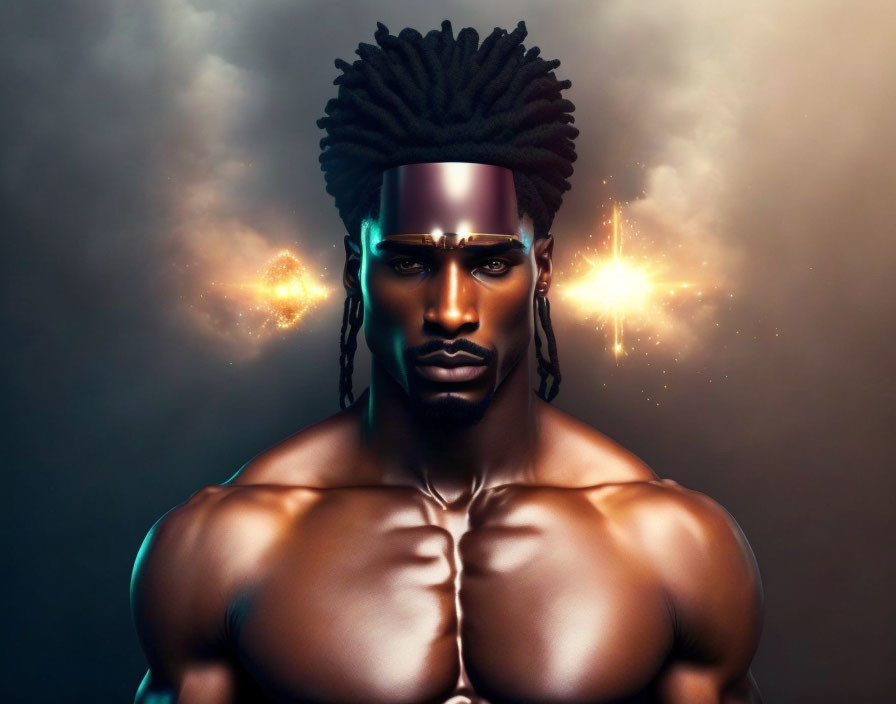 Muscular person with futuristic headband and dreadlocks in dramatic lighting