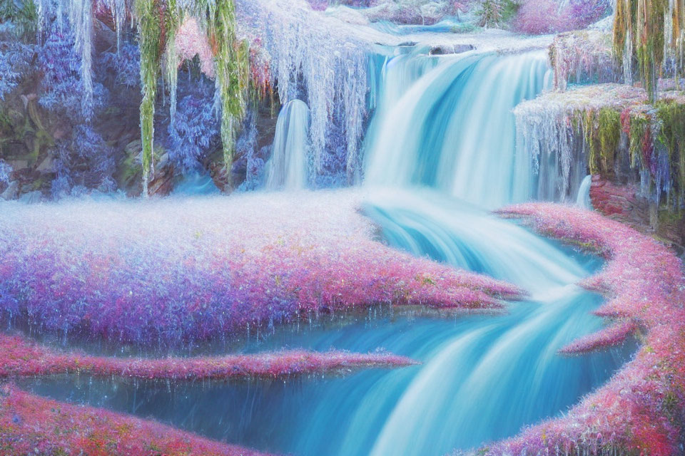 Vibrant surreal landscape with cascading waterfall and colorful flora