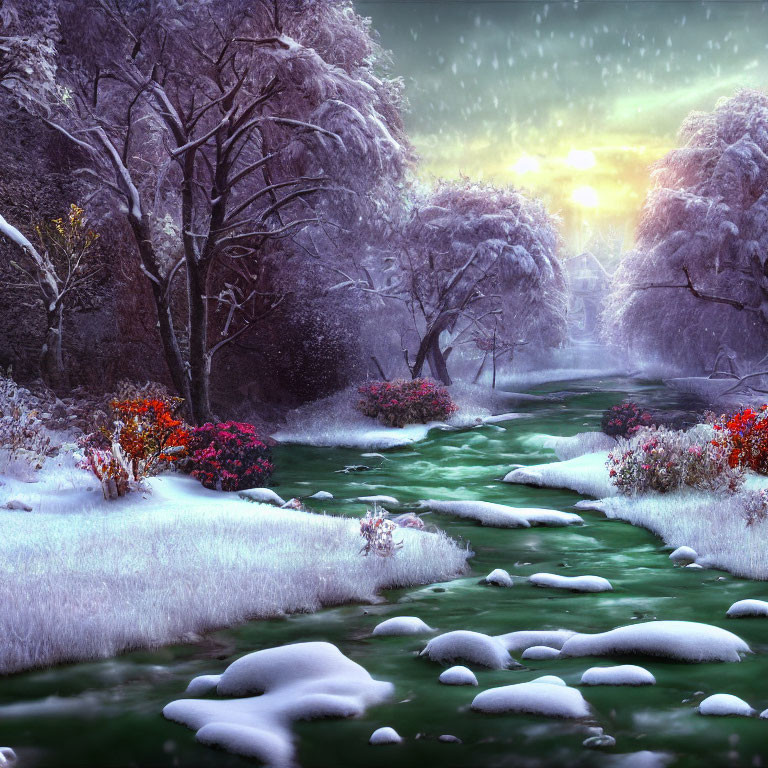 Winter sunrise scene: stream flowing through snowy landscape with trees and colorful shrubs under serene snowfall