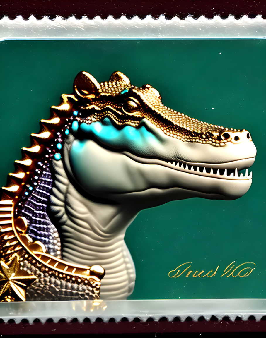 Ornate jeweled alligator illustration on teal background