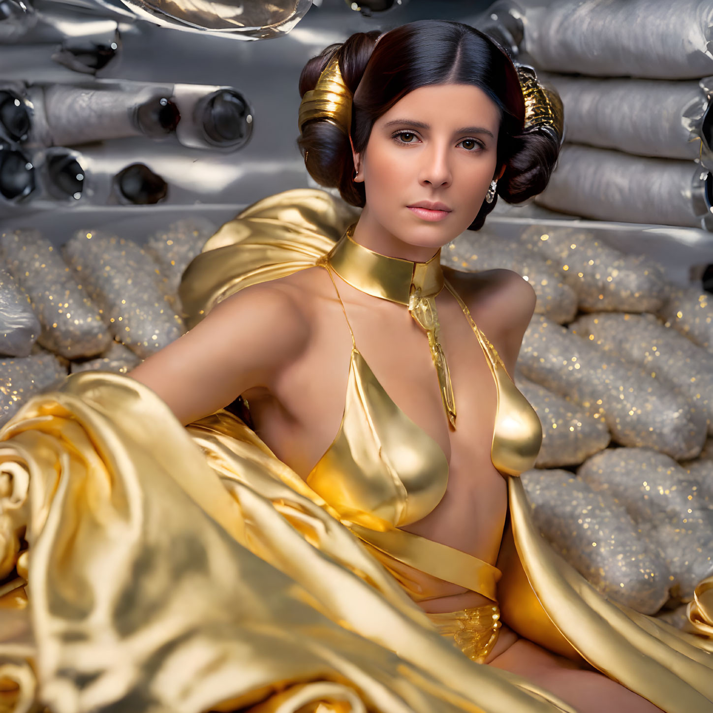 Woman with elegant updo and golden jewelry draped in shiny gold fabric among silver orbs.