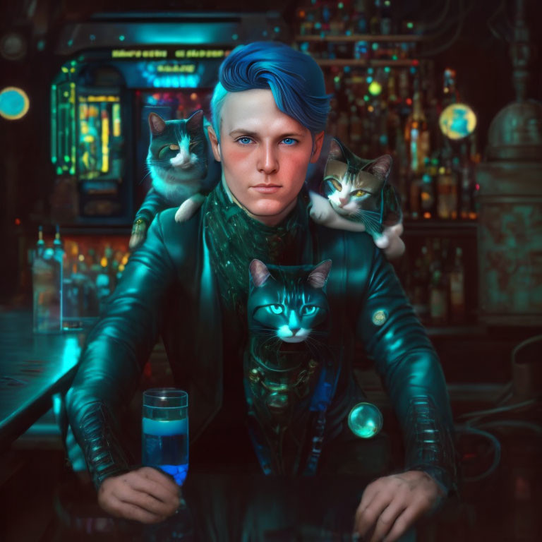 Blue-haired person with mystical cats in futuristic bar setting.