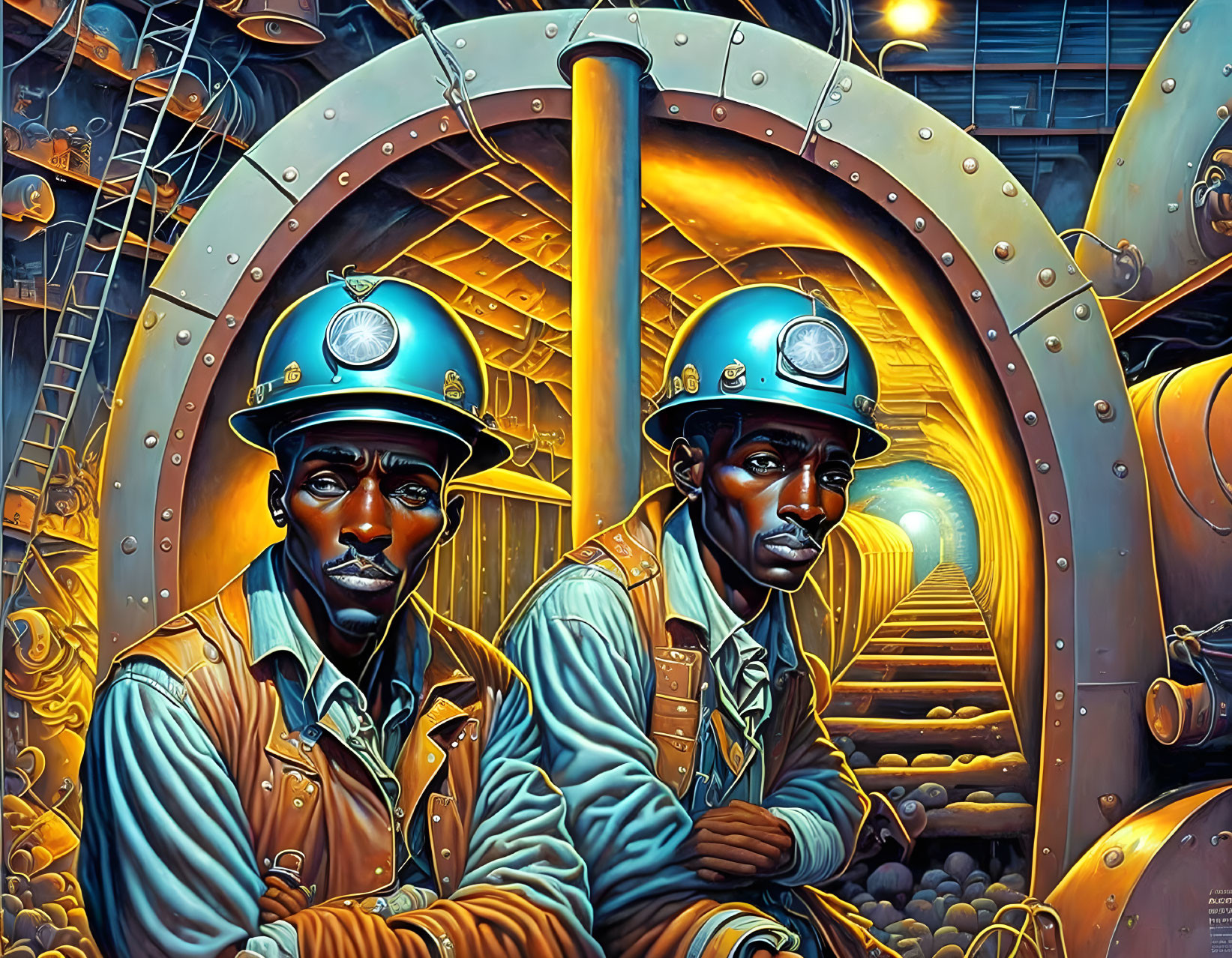 Miners with headlamps in front of industrial tunnel with machinery.