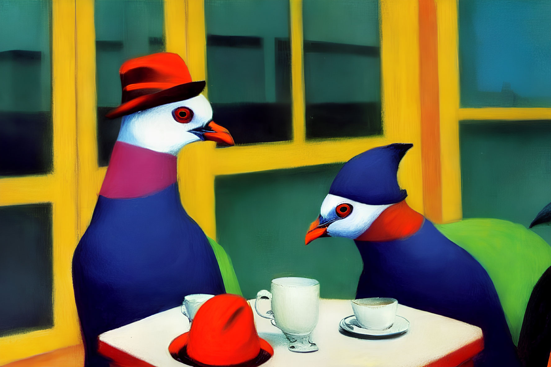 Stylized birds at cafe table with coffee, one in hat