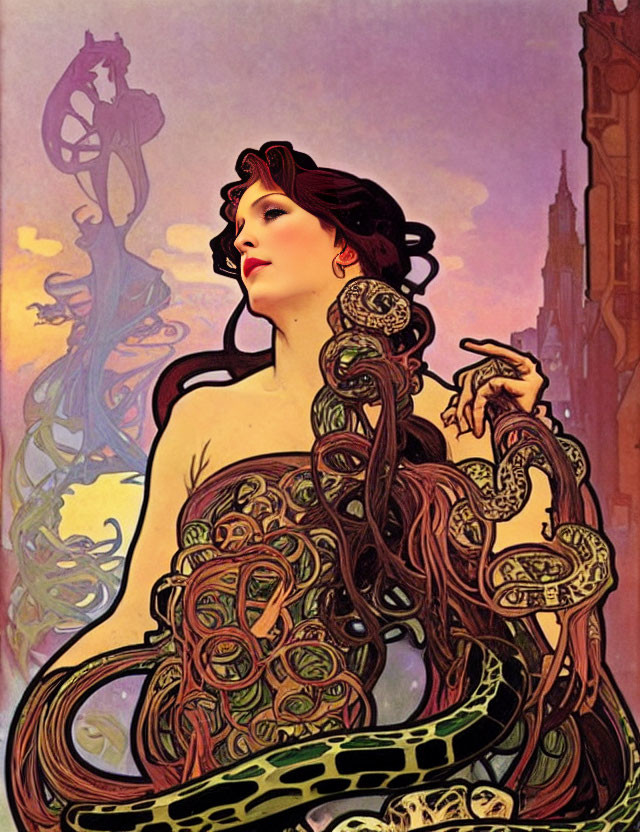 Illustration of a woman with flowing, serpentine hair in Art Nouveau style