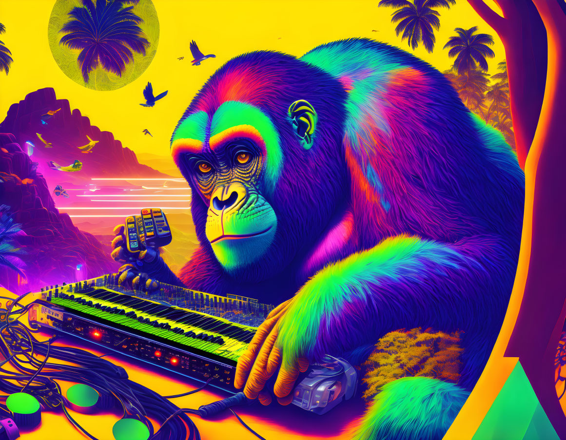 Vibrant gorilla playing synthesizer in tropical sunset scene