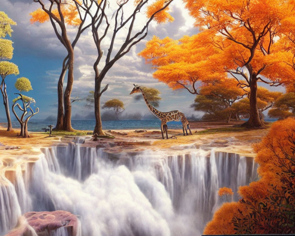 Surreal giraffe in vibrant landscape with waterfall