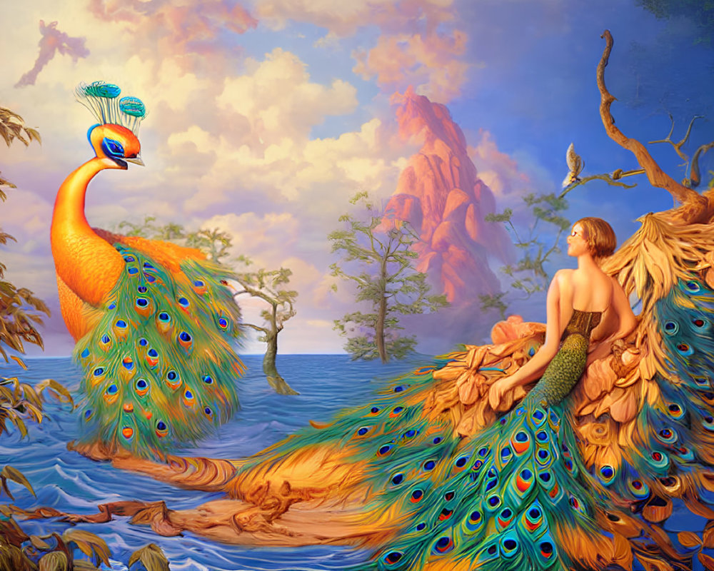 Colorful person with peacock body near water, facing large peacock in fantasy landscape