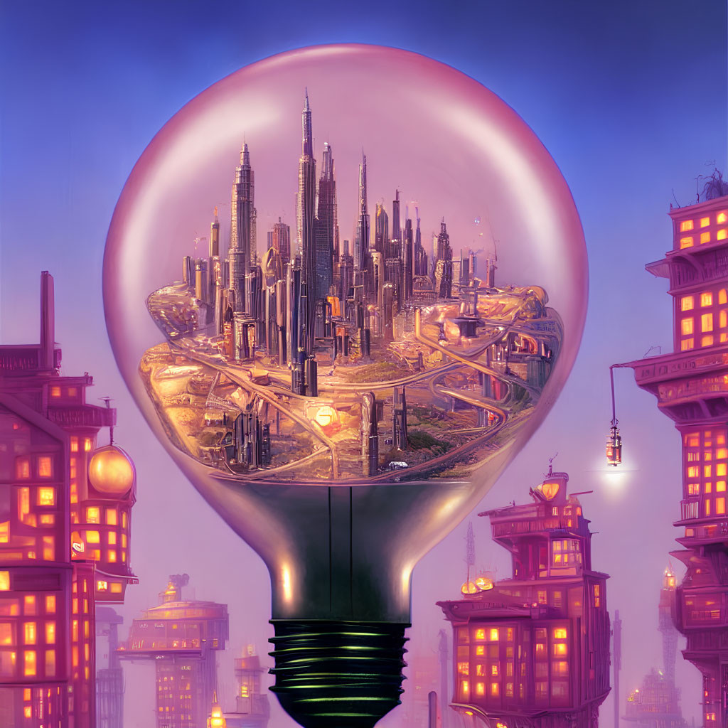 Futuristic cityscape in giant lightbulb with illuminated buildings under purple sky