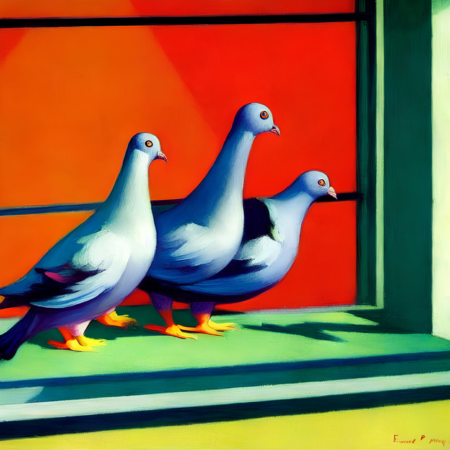 Stylized pigeons in bold orange and green colors by a window