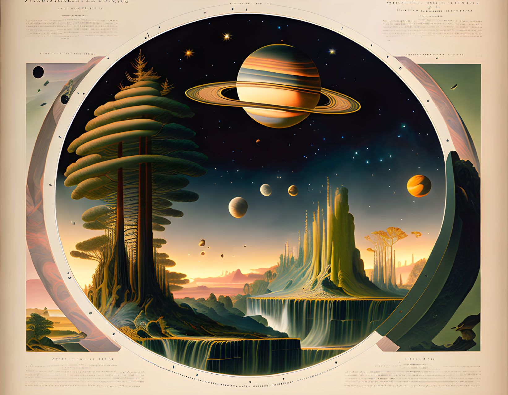 Vintage-style space exploration poster with lush otherworldly landscapes and multiple planets.