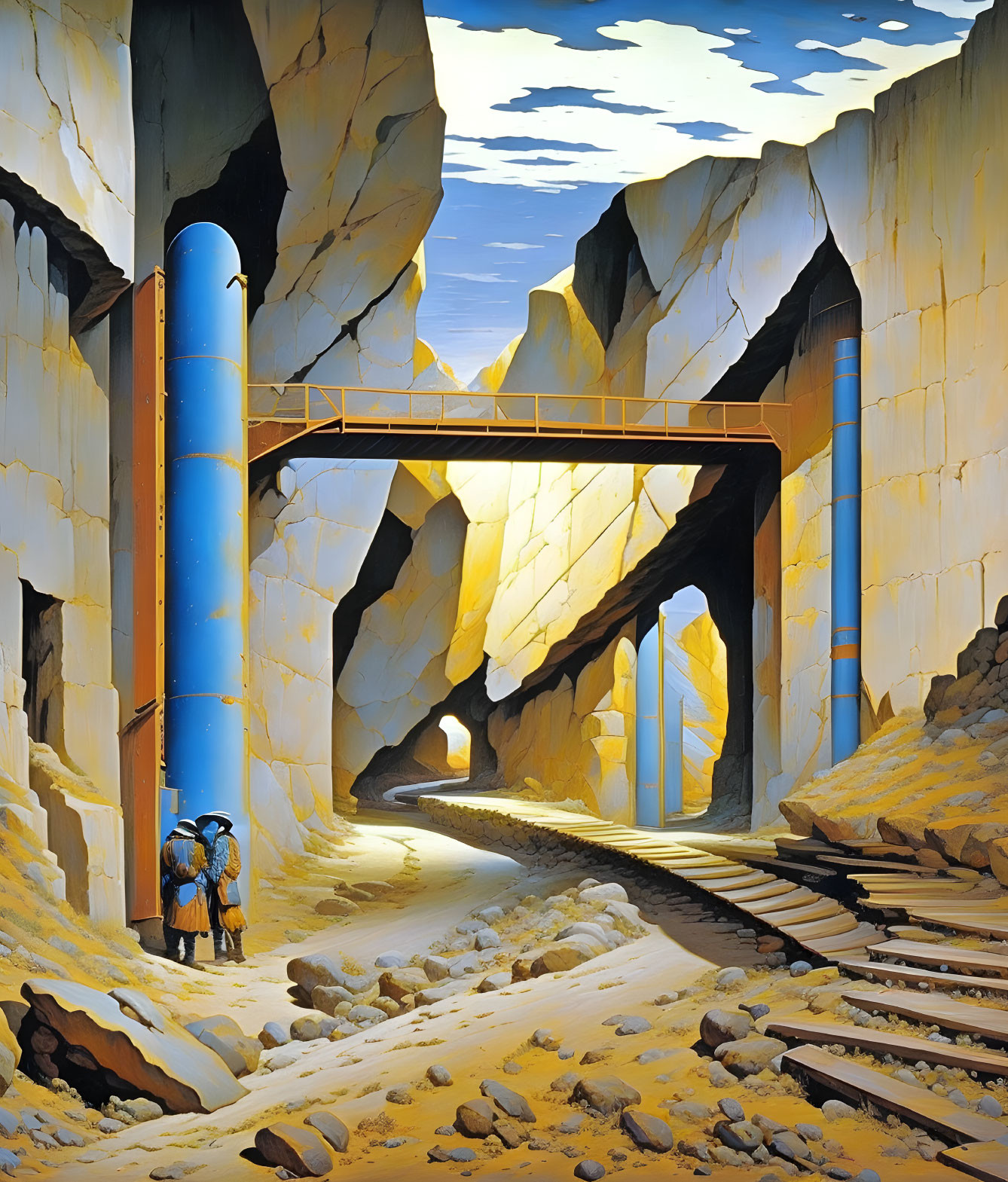 Surreal painting of figure on railroad tracks in rocky landscape