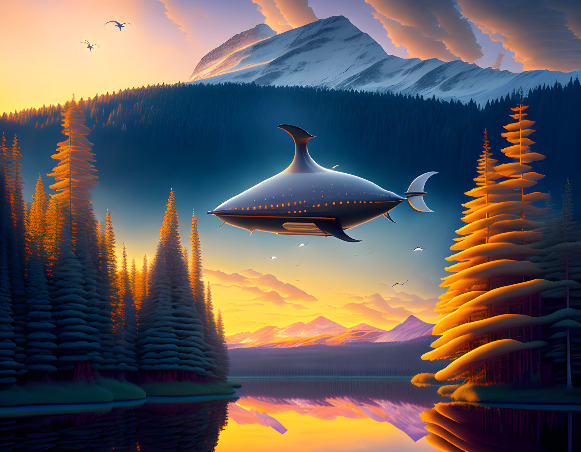 Futuristic airship over serene lake, pine trees, and mountains at sunset