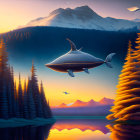 Futuristic airship over serene lake, pine trees, and mountains at sunset