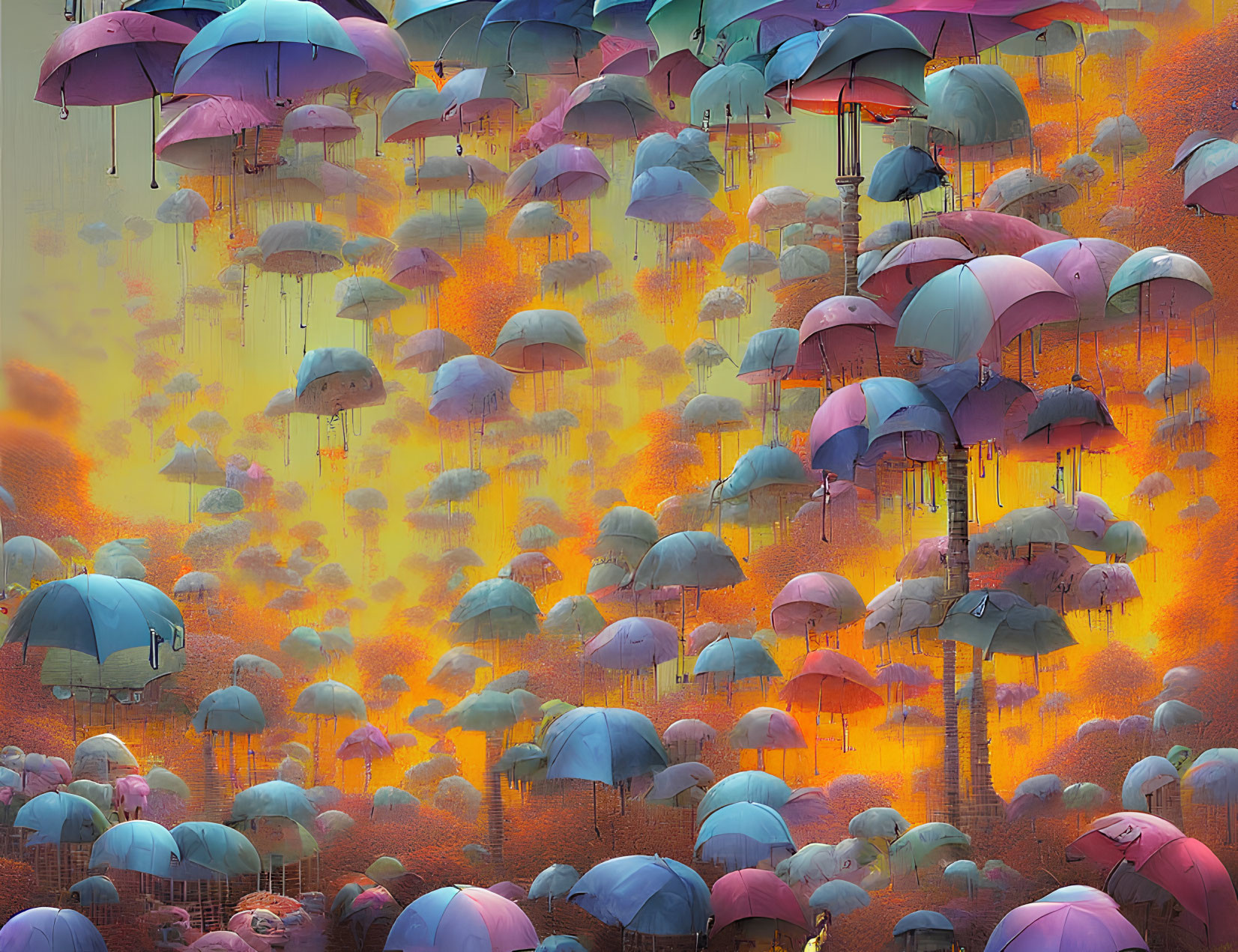 Vibrant umbrellas in surreal orange and yellow rainstorm