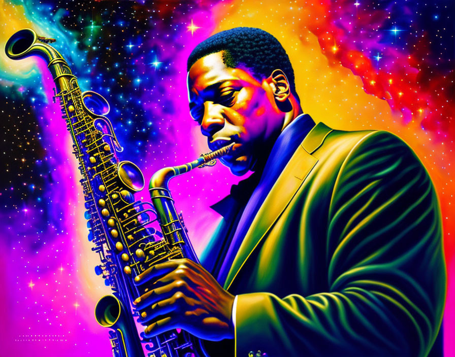 Colorful artwork: Man playing saxophone in front of psychedelic starry background