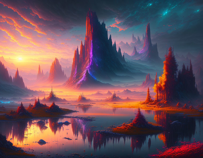 Surreal landscape digital art: glowing purple mountains, misty atmosphere, reflective lake.