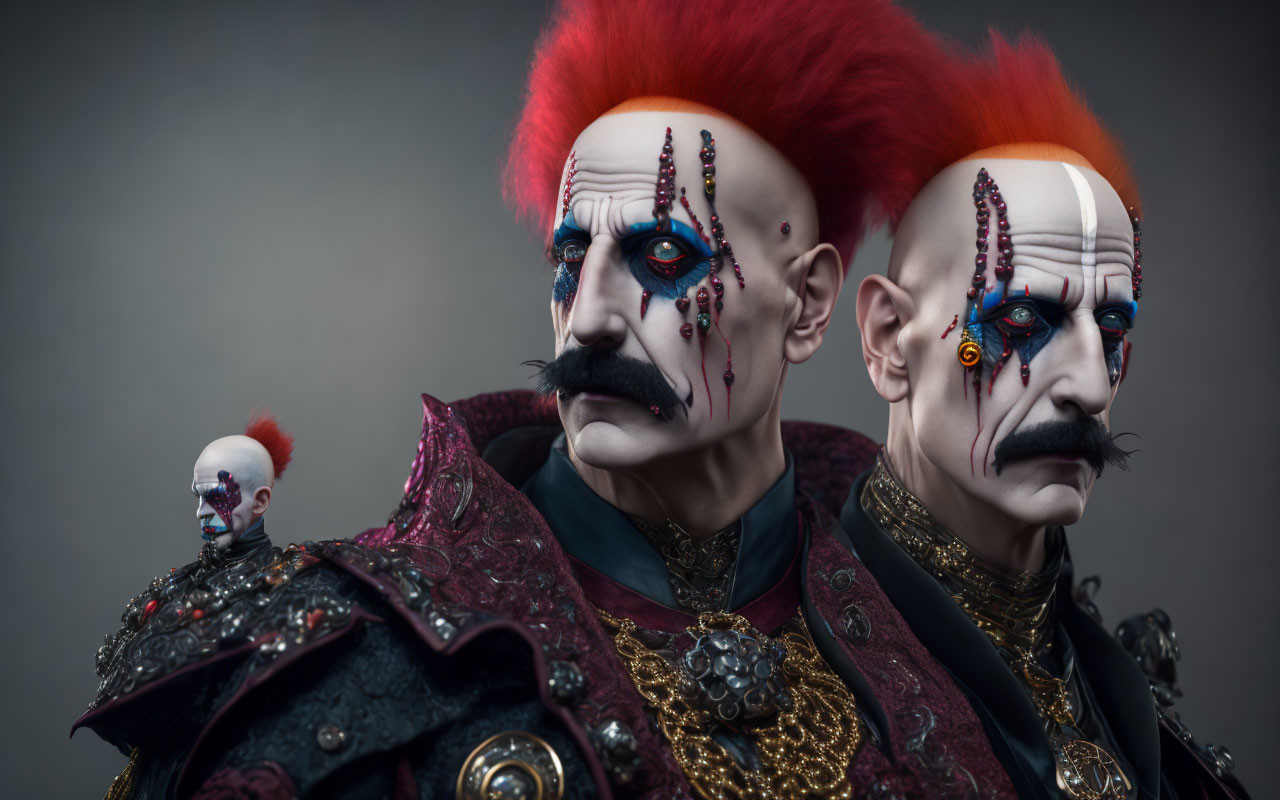 Three figures with red mohawks and gothic clown makeup in ornate costumes pose dramatically, featuring