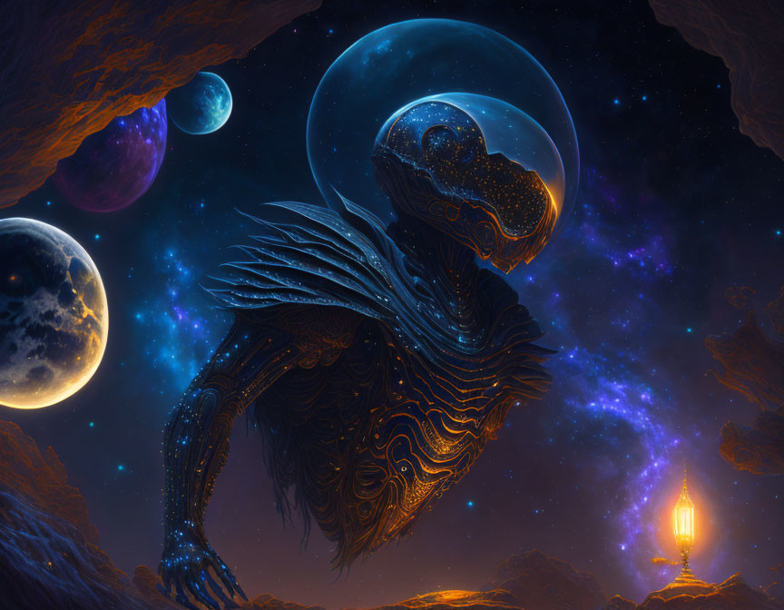 Intricate cosmic dragon art with celestial backdrop