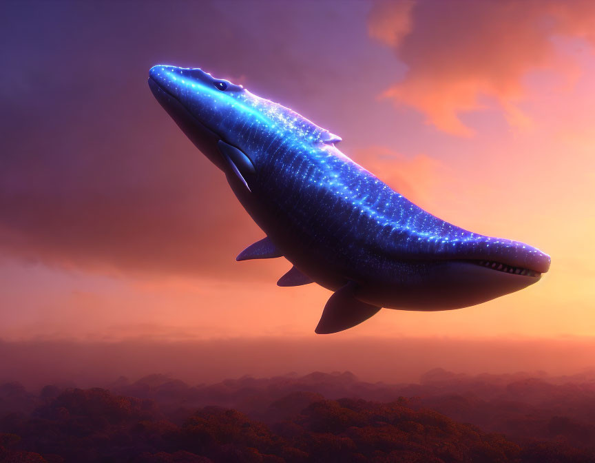 Glowing blue whale flying over clouds at sunset