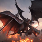 Black dragon with red eyes and fiery surroundings