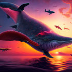 Glowing blue whale flying over clouds at sunset