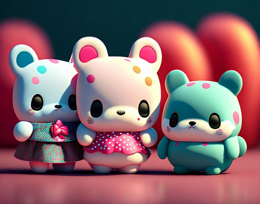 Stylized bear characters in pastel polka-dot patterns