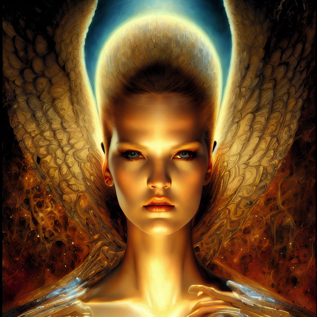 Digital Artwork: Woman with Fiery Aura and Luminescent Halo