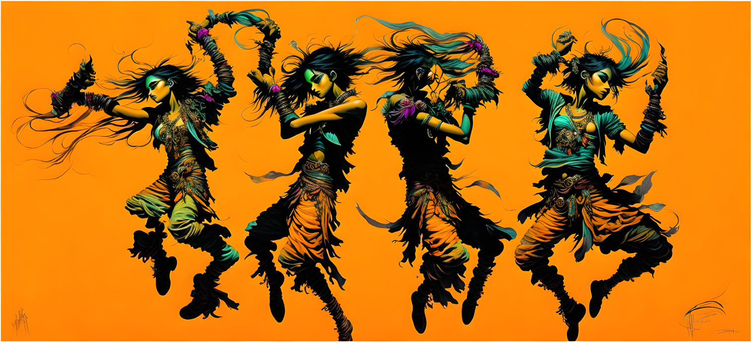 Vibrant tribal characters in energetic dance on orange backdrop