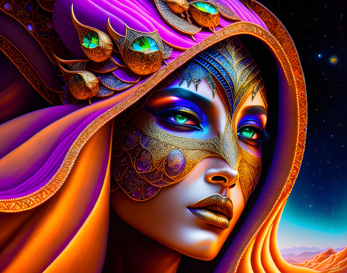 Woman with decorative mask in vibrant digital art