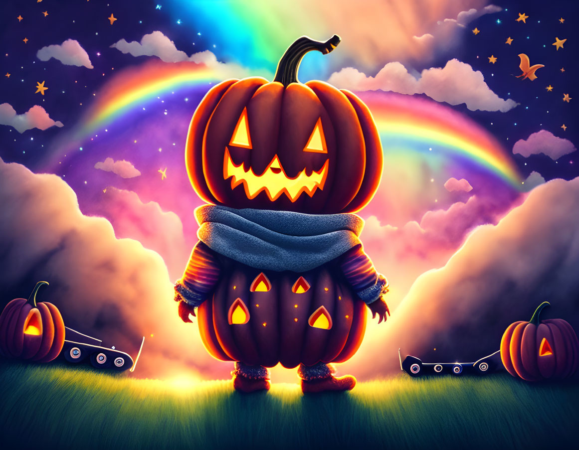 Colorful Jack-o'-lantern character in scarf with pumpkins and sunset sky