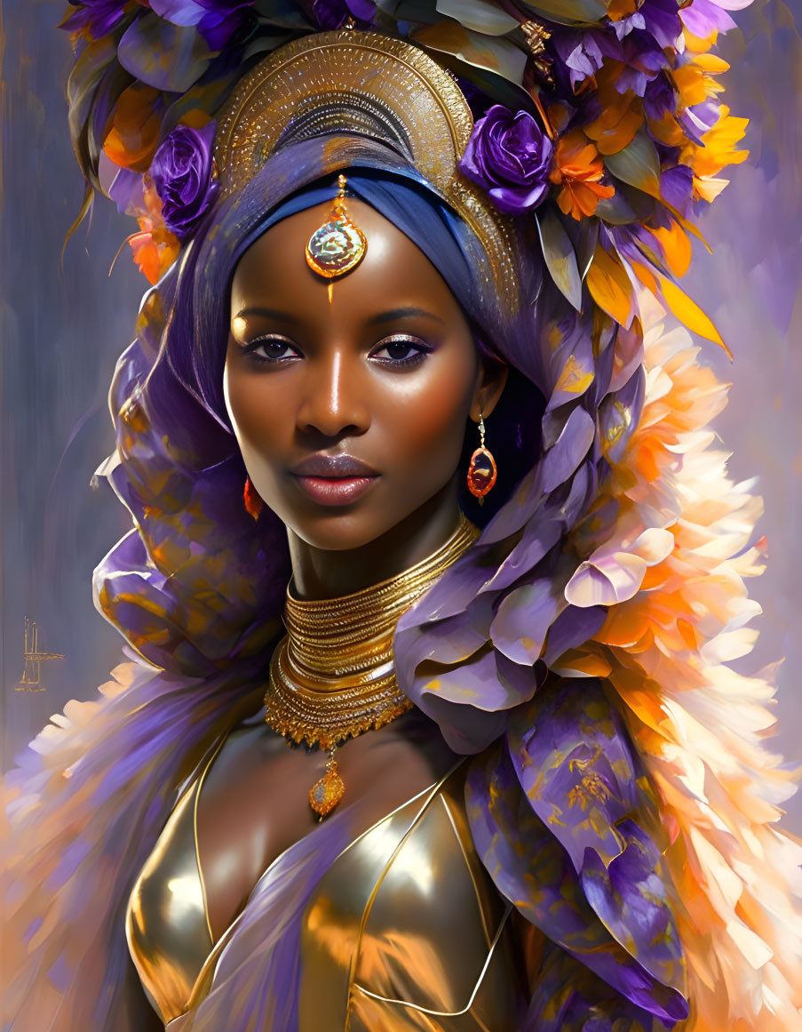 Digital portrait of woman with decorated headwrap, feathers, gold jewelry