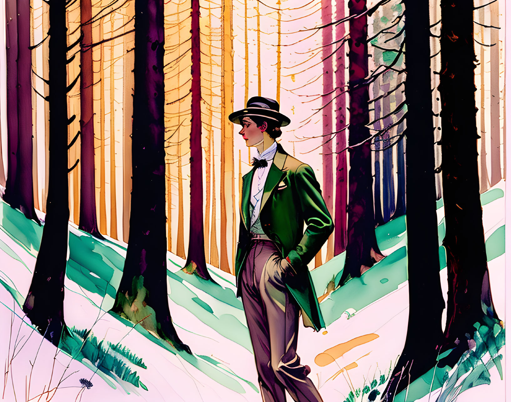 Illustrated person in green suit in vibrant forest with snow patches