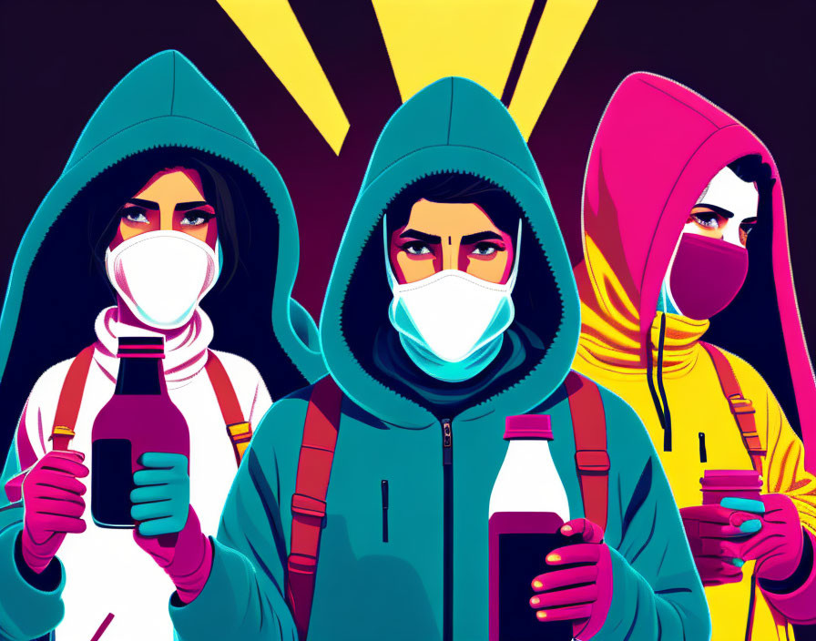 Three individuals in hoodies with spray paint cans against vibrant graffiti background