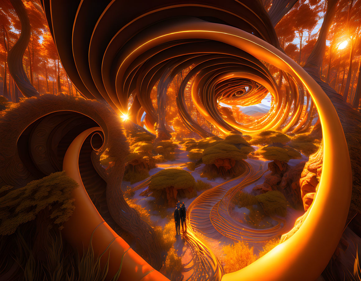 Surreal landscape with golden paths in orange-lit forest and central figure.