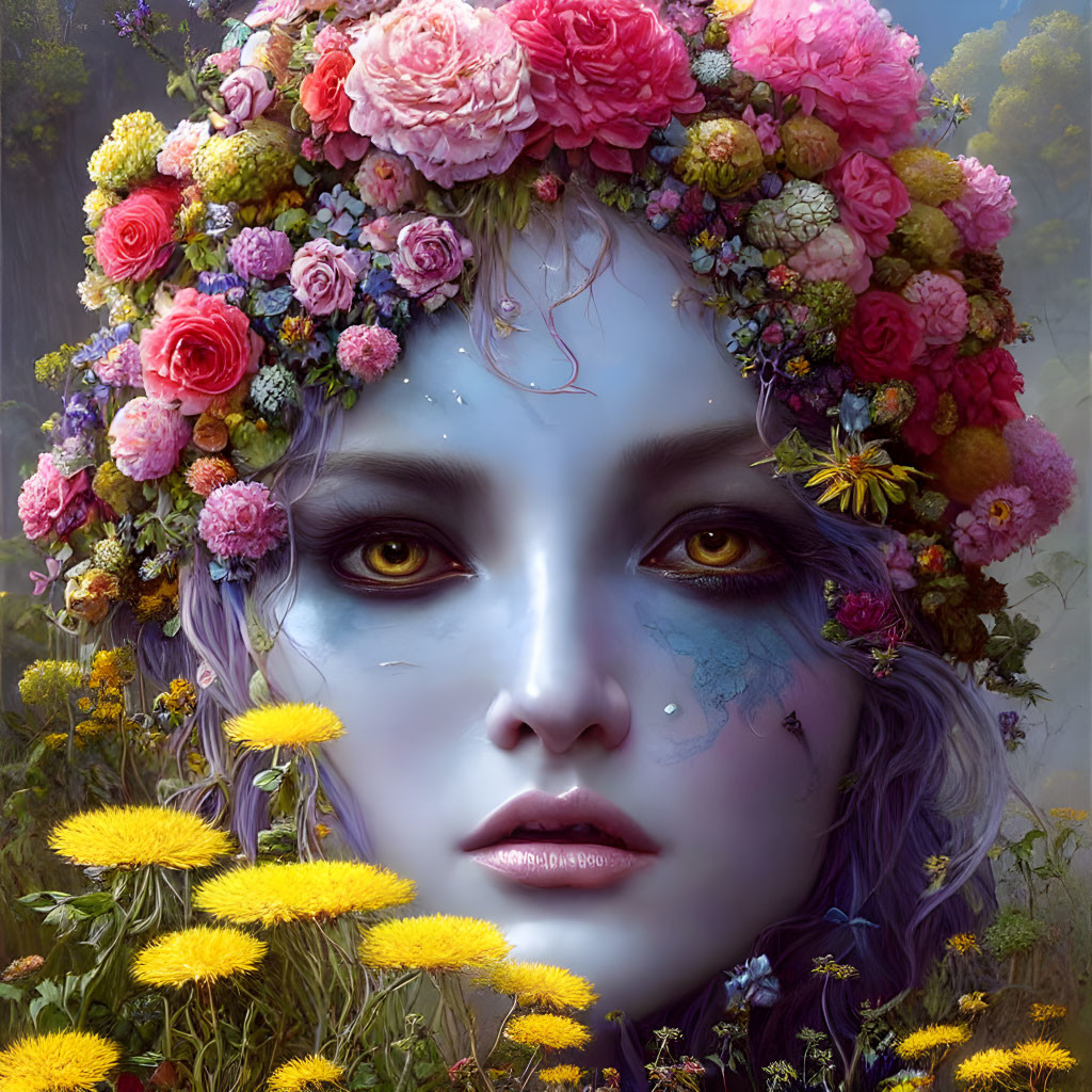 Surreal portrait: person with floral crown, vivid blue eyes, tears, mystical flower-filled backdrop