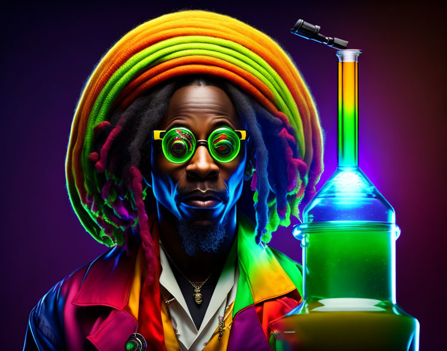 Colorful portrait of a person with rainbow dreadlocks and green goggles