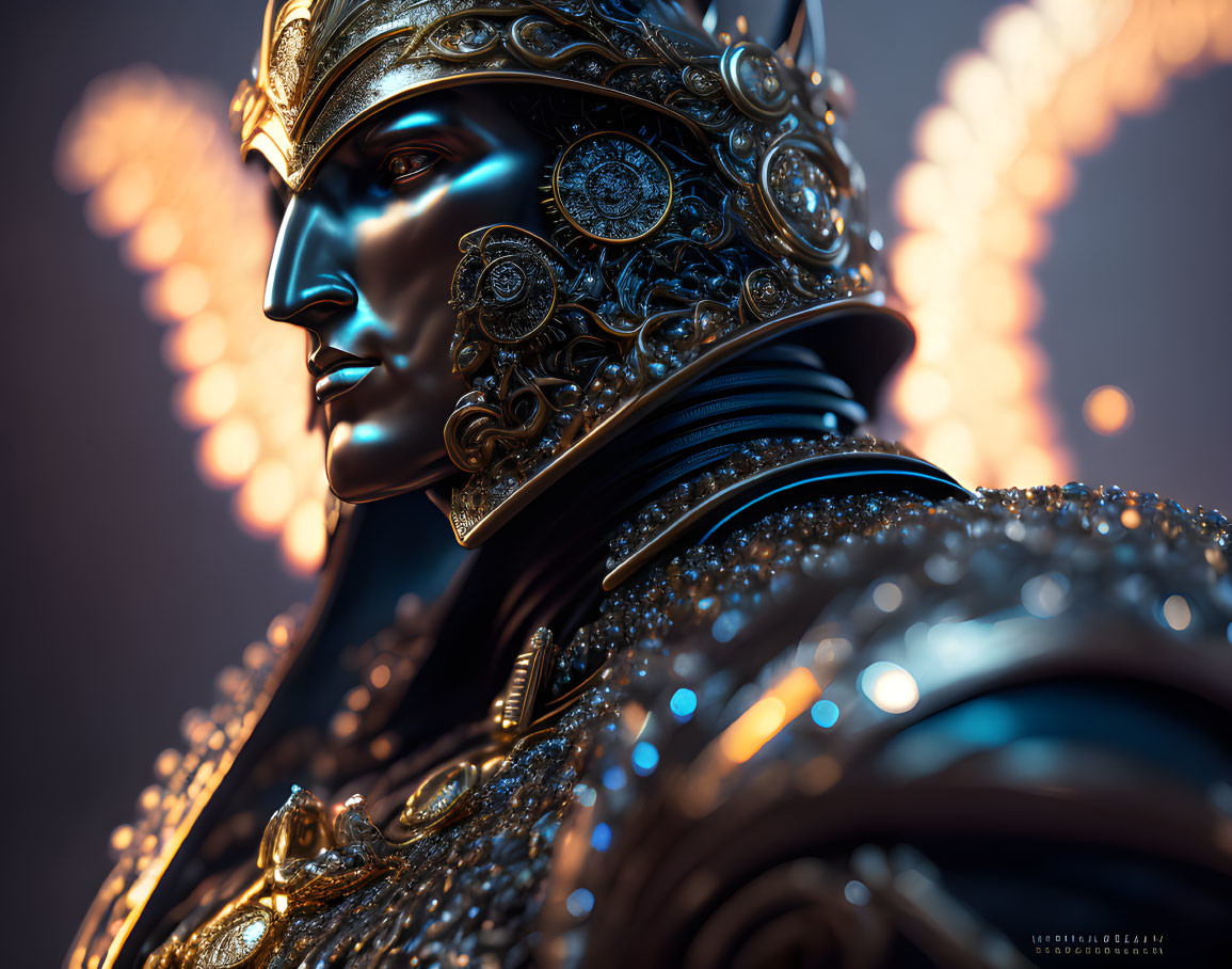 Detailed Metallic Armored Figure on Bokeh Background