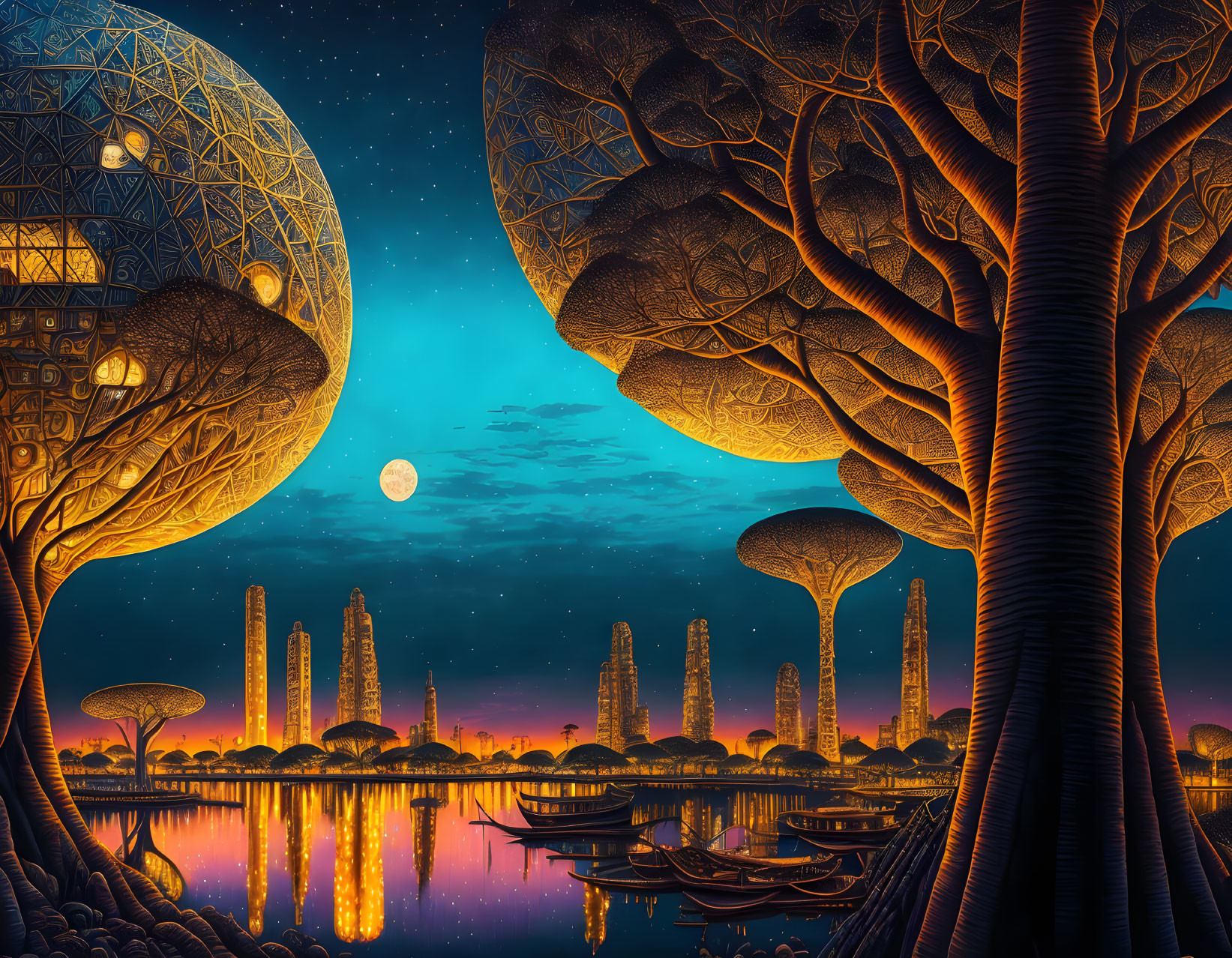 Fantastical night landscape with alien trees, moon, stars, water, and futuristic buildings