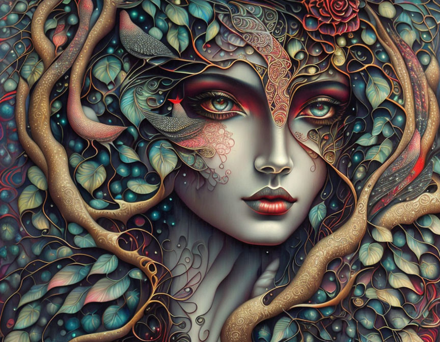 Intricate surreal portrait of a woman with floral and nature motifs