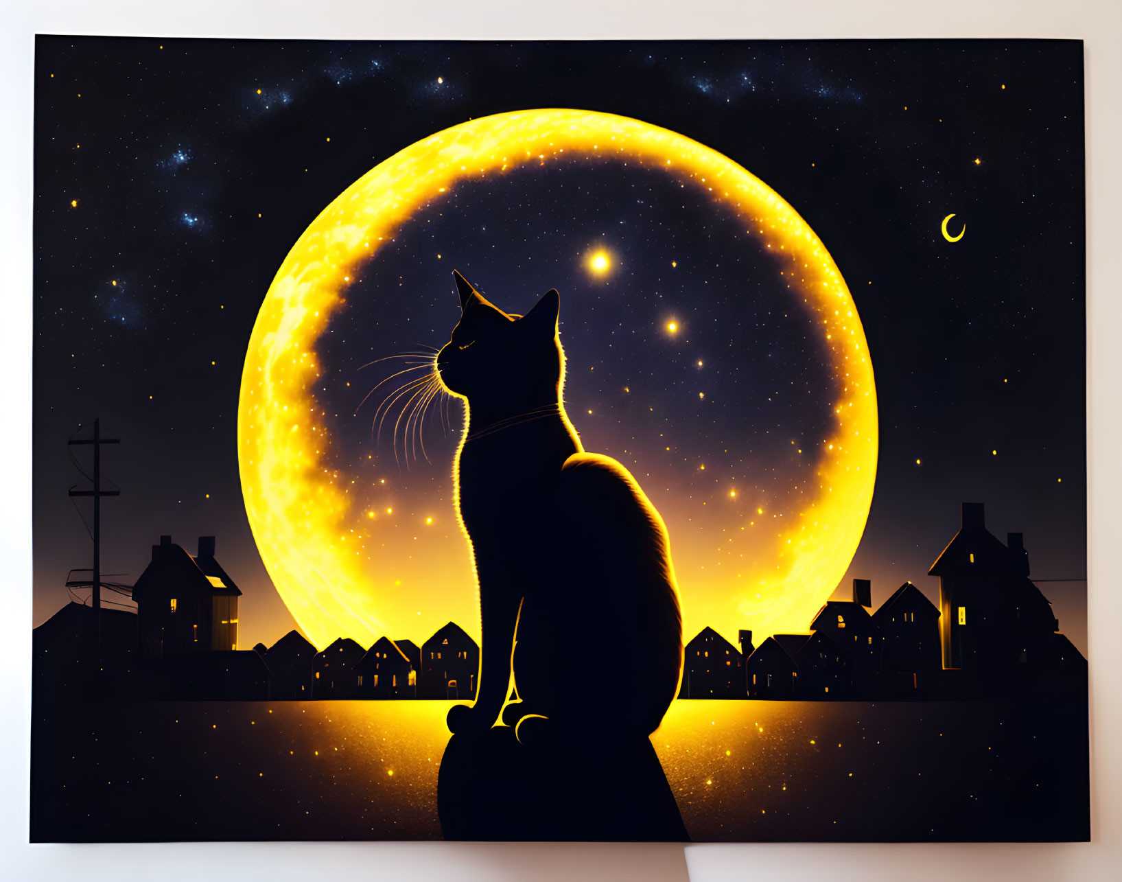 Cat silhouette against glowing crescent moon in night sky