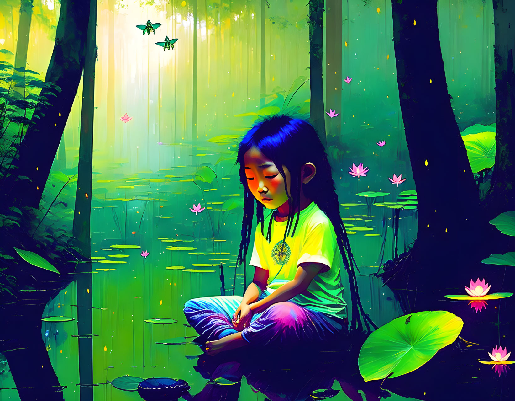 Child meditating in nature with sunbeams and lotus flowers