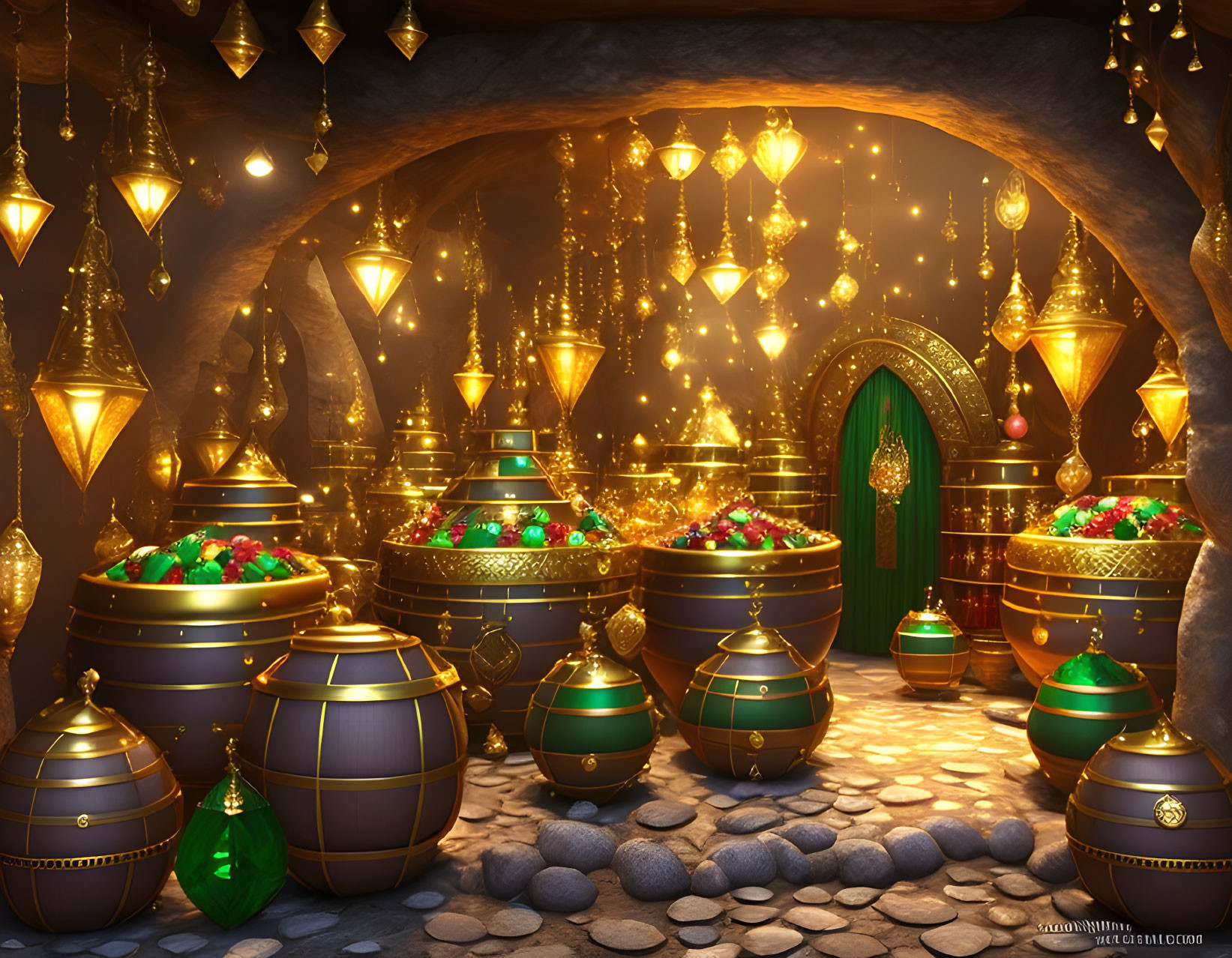 Golden lanterns, treasure-filled jars, gems, cobblestone floor, and a glowing green wooden