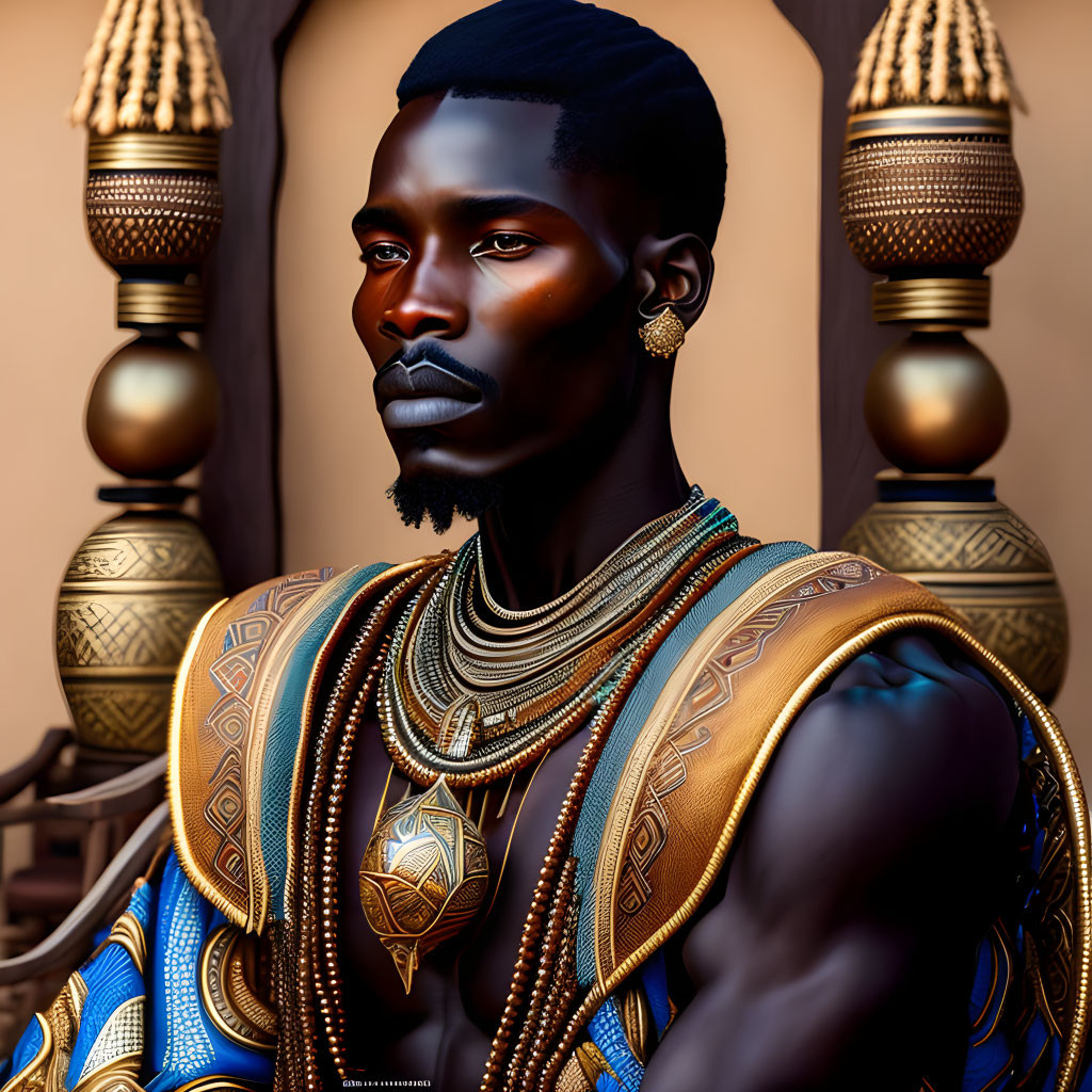 Striking man in African-inspired attire against warm backdrop