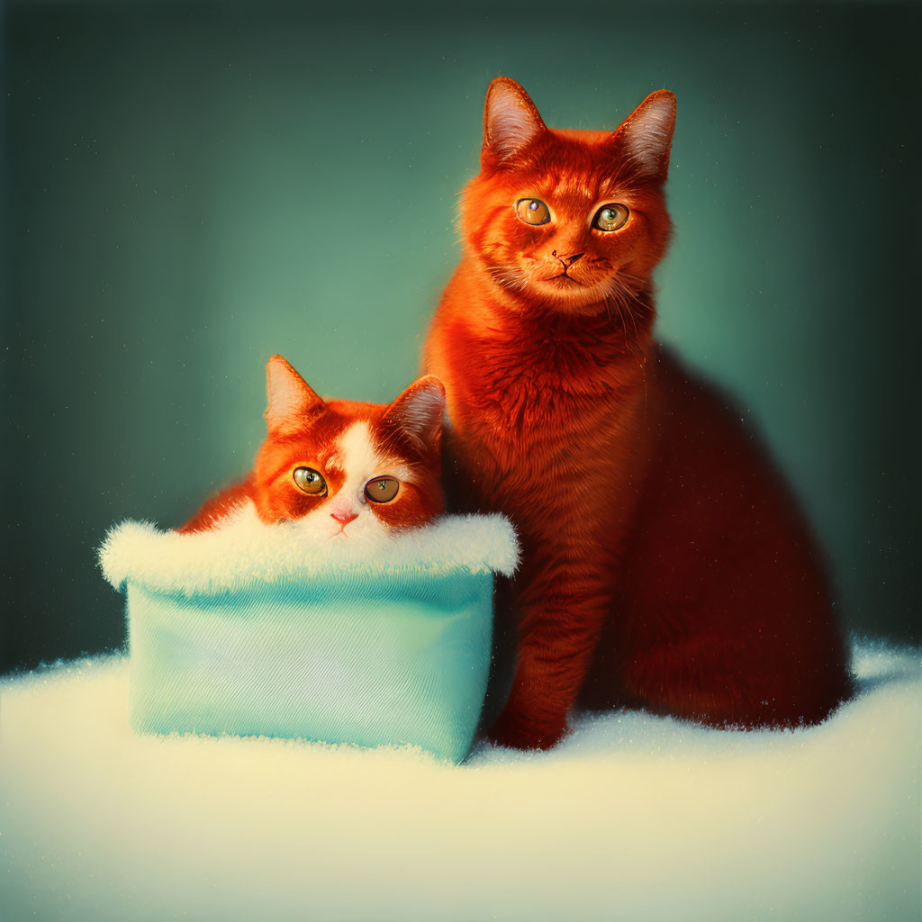 Two Ginger Cats with Striking Eyes in Blue Box on Creamy Background