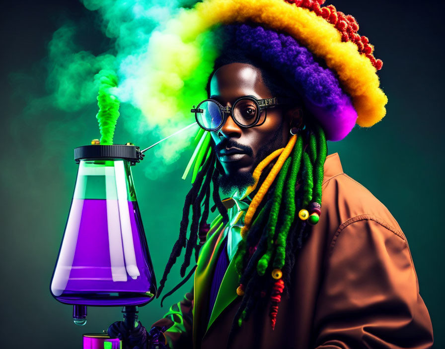 Man with dreadlocks in multicolored hat and round glasses examines with magnifying glass amidst colorful smoke