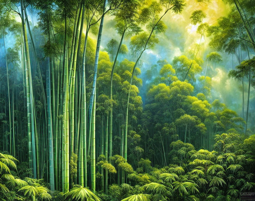 Sunlit Bamboo Forest with Vibrant Green Stalks and Fern Undergrowth